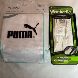 NWT puma tour microfiber towel golf 39 x 14 and a men’s large footjoy left glove